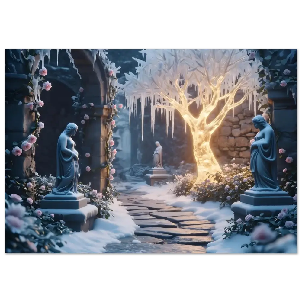 Winter garden with statues, showcased in Winter Light Tree Fine Art Print by PixiOnyx