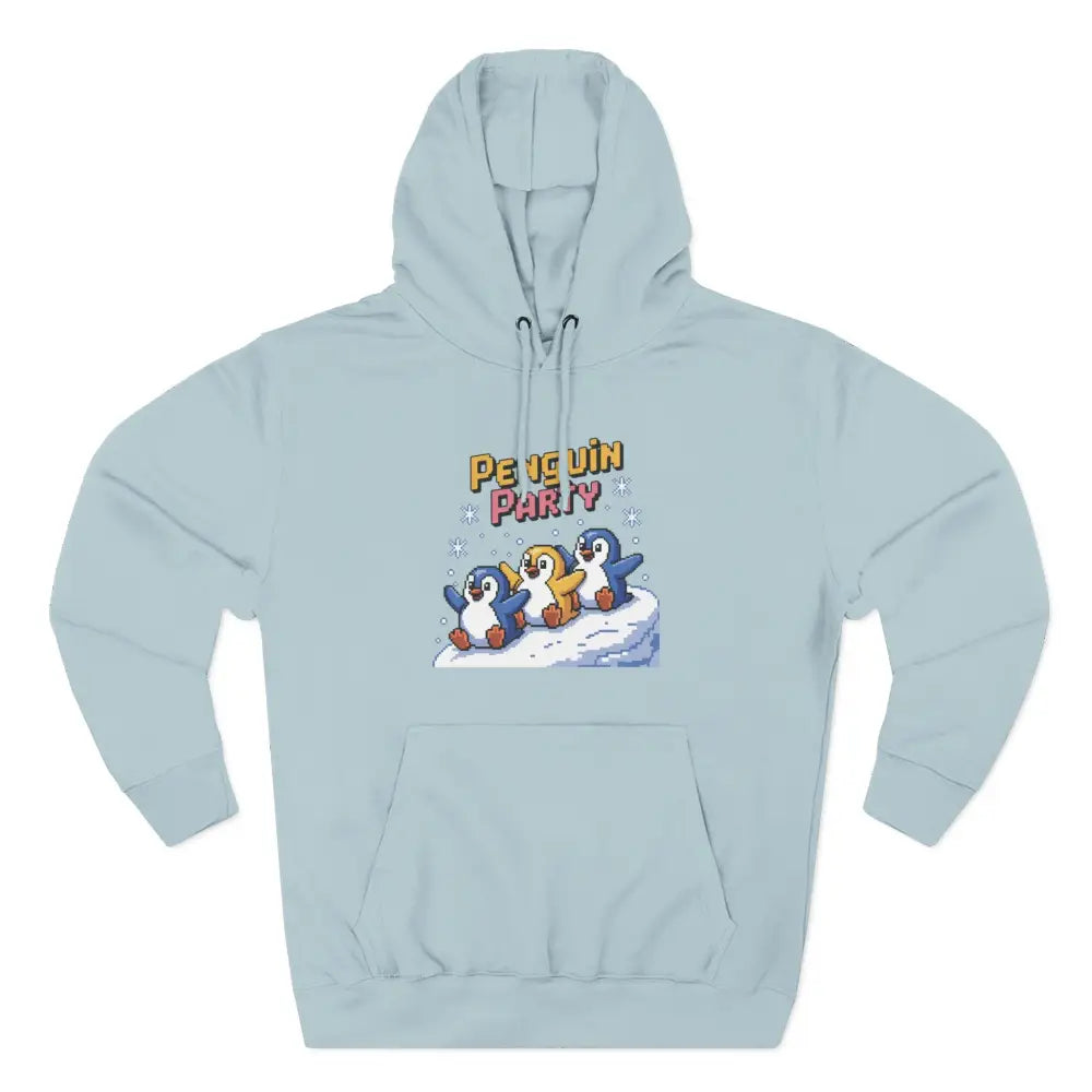 Light blue cozy fleece hoodie with Penguin Party graphic, machine washable for winter fun