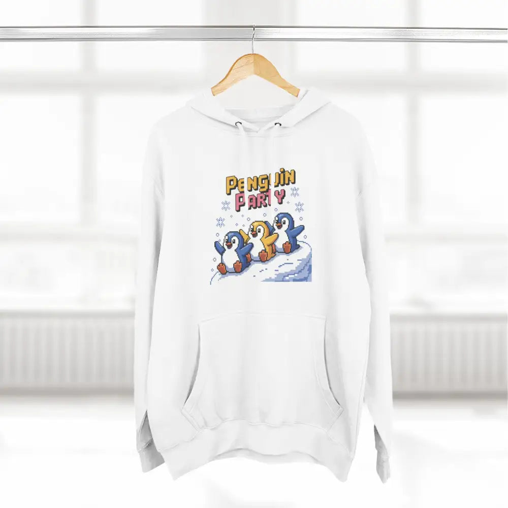 White hoodie with Penguin Party graphic made of cozy fleece, machine washable and low heat safe