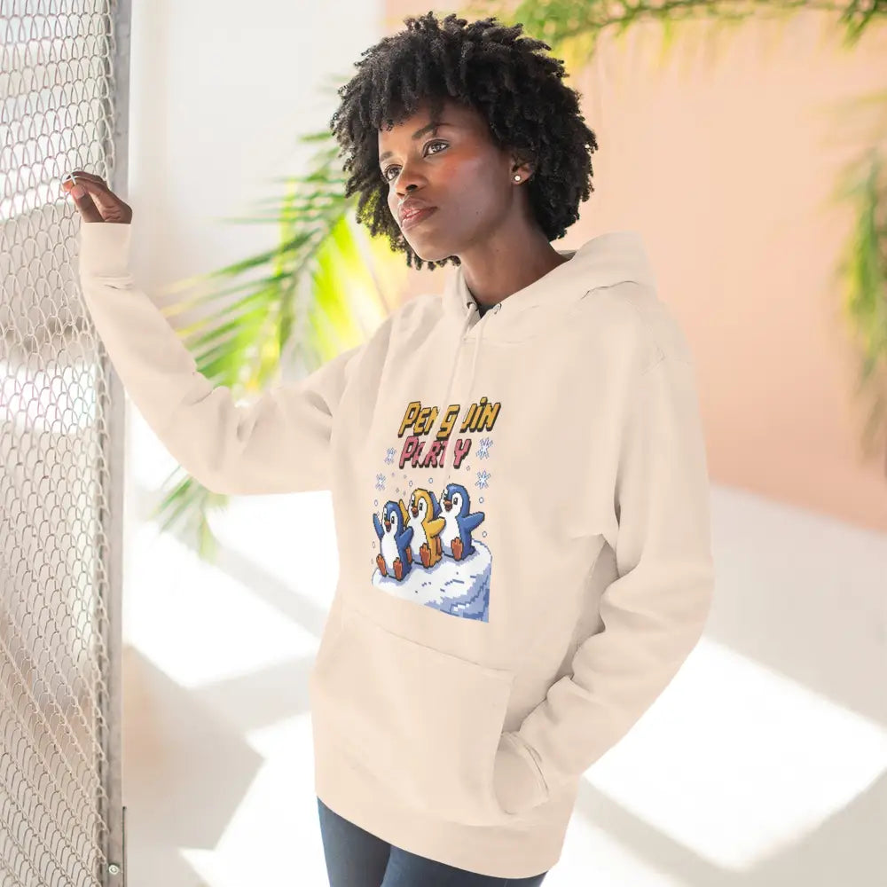 Light-colored Penguin Party hoodie made of cozy fleece, machine washable for winter fun