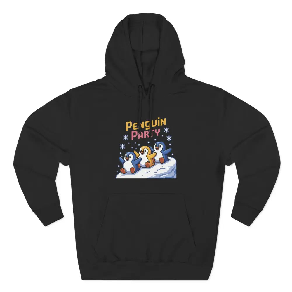 Black hooded sweatshirt with Penguin Party graphic made of cozy fleece, machine washable for winter fun