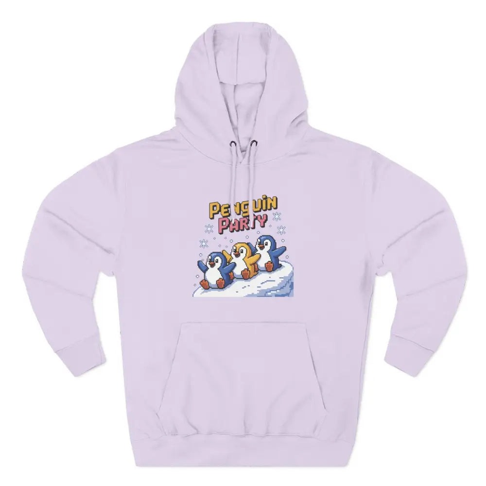 Light purple cozy fleece hoodie with Penguin Party graphic, machine washable for winter fun