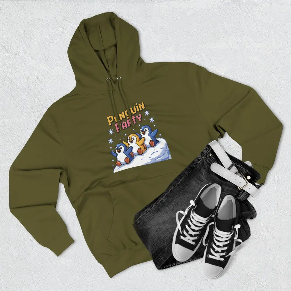 Olive green Winter Penguin hoodie with Penguin Party graphic in cozy fleece, machine washable