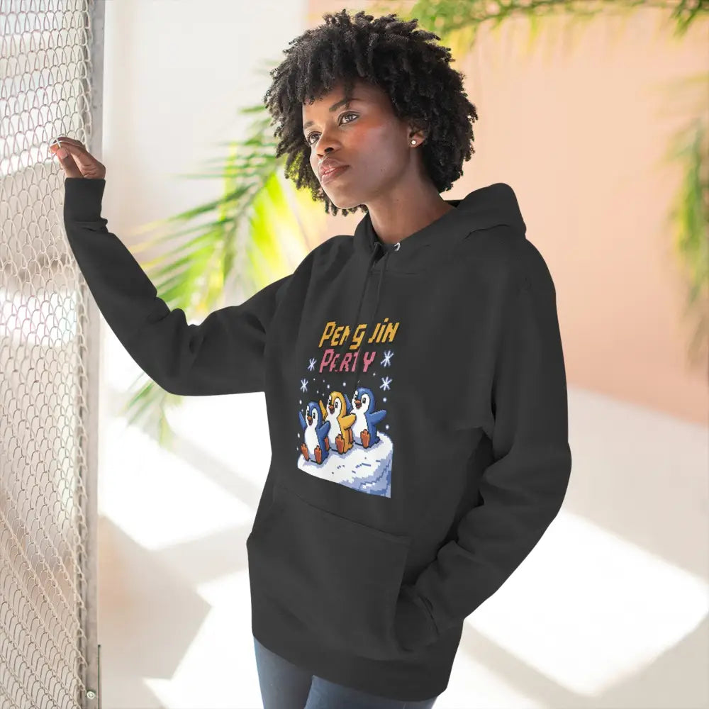 Black hooded sweatshirt with Penguin Party graphic, cozy fleece, machine washable winter hoodie