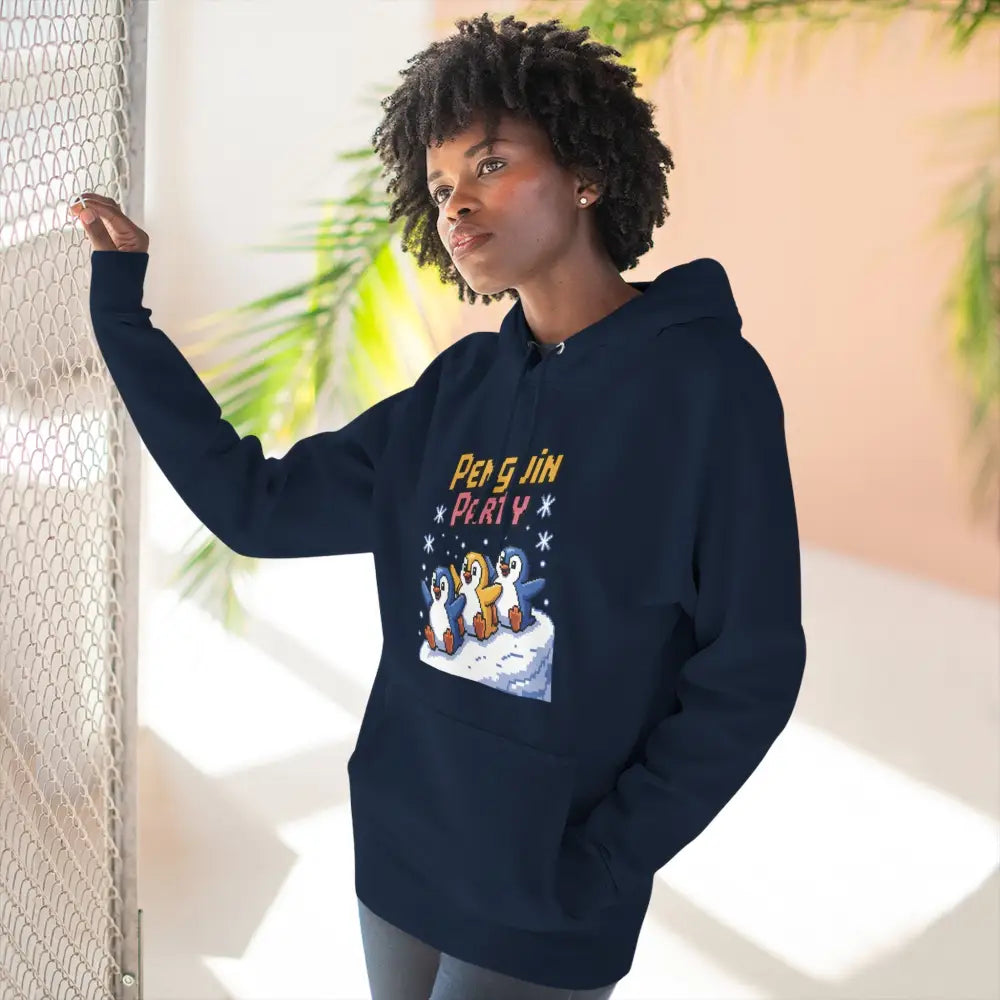 Dark blue Winter Penguin Unisex Hoodie with cozy fleece, featuring penguins on ice, machine wash safe