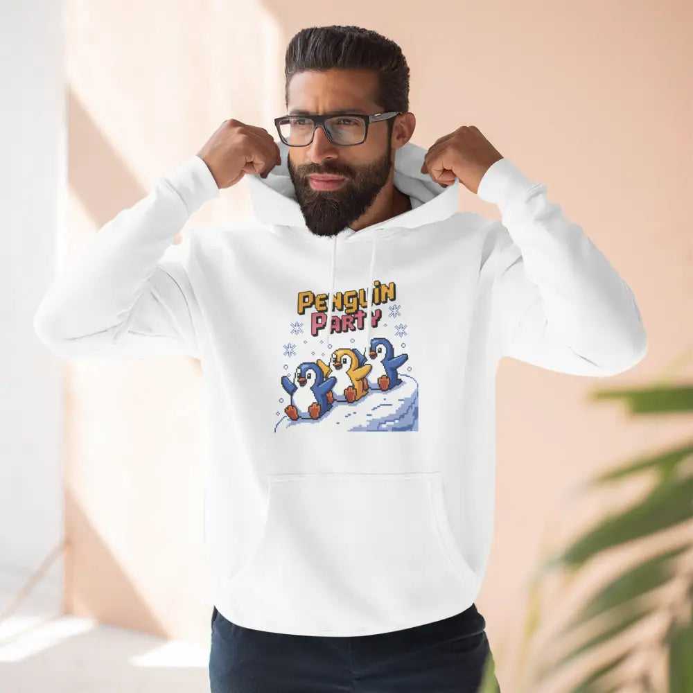 White hoodie with Penguin Party graphic, cozy fleece, machine washable, perfect for winter fun