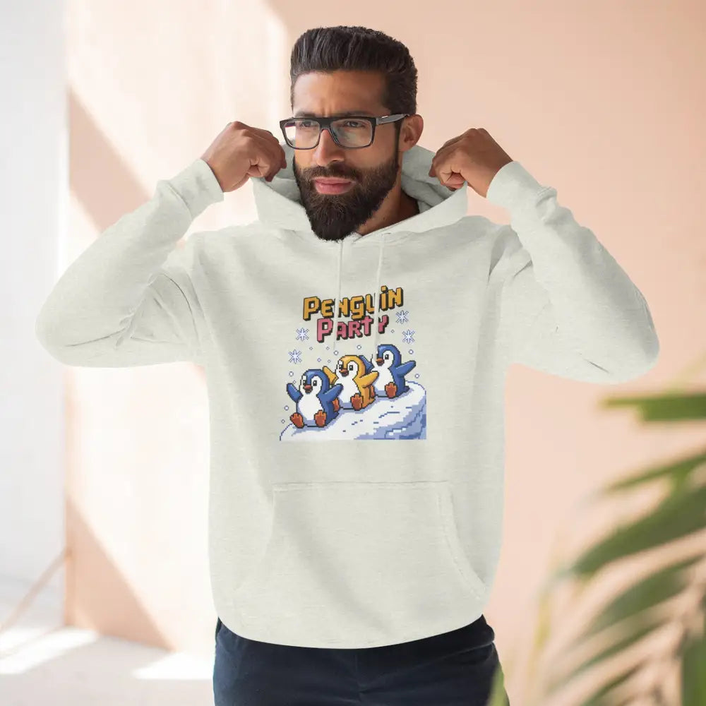 Men’s off-white hoodie with penguin graphic, cozy fleece, low heat wash, perfect for winter