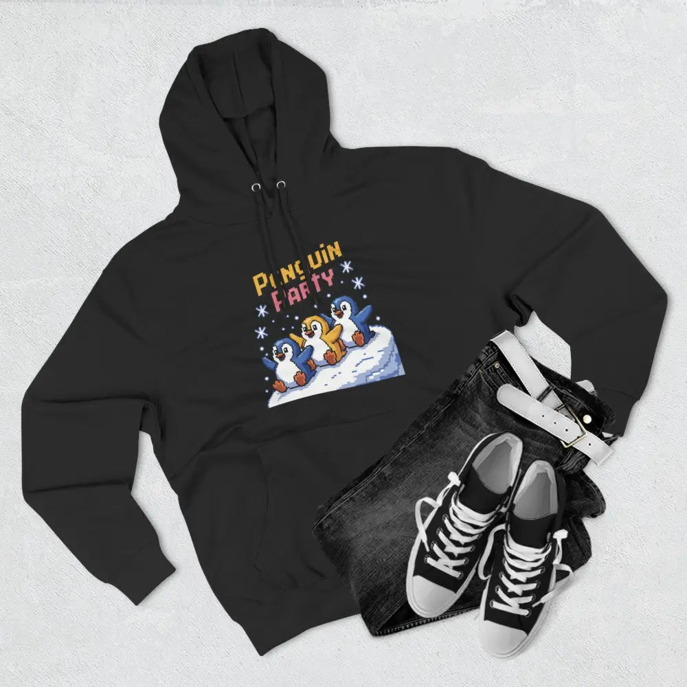 Black hooded Winter Penguin Unisex Party Hoodie with cozy fleece and penguin graphic