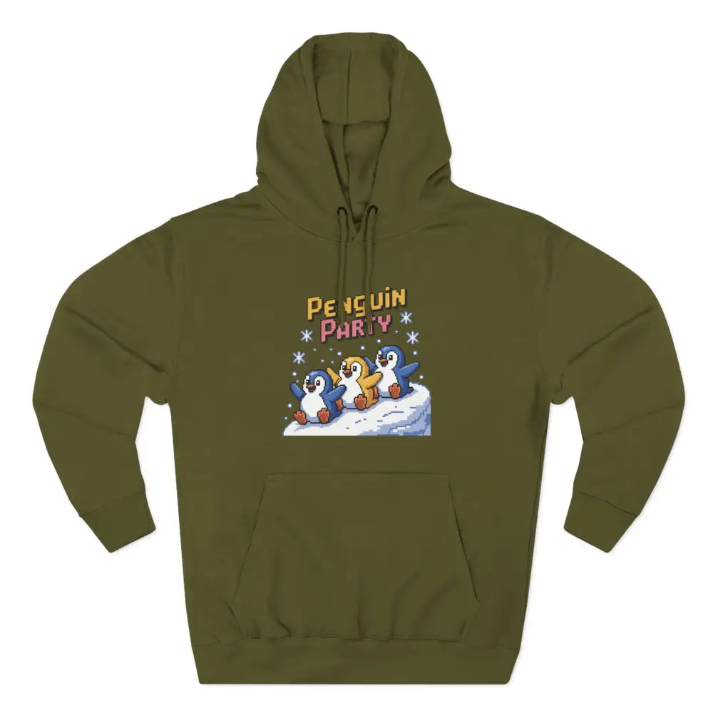 Olive green Winter Penguin Hoodie with Penguin Party graphic, cozy fleece, machine wash friendly