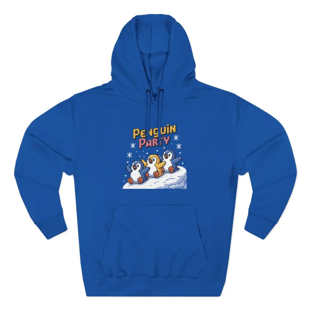 Royal blue cozy fleece winter hoodie with Penguin Party graphic, machine washable and low heat safe