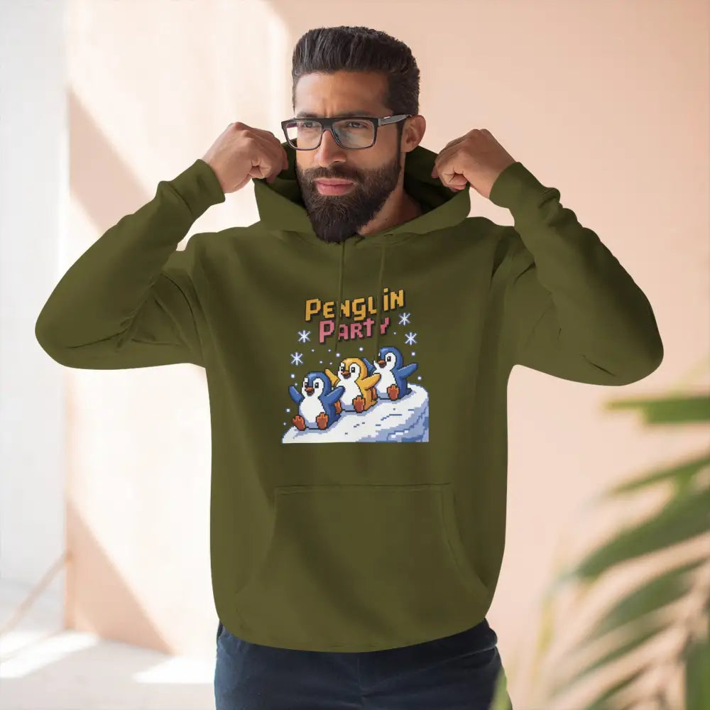 Man wearing a cozy fleece olive green hoodie with Penguin Party graphic, machine washable winter sweatshirt