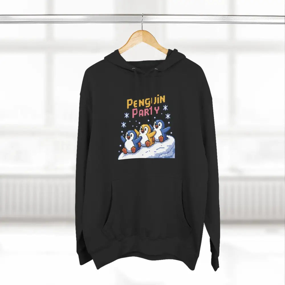 Black pullover hoodie with colorful Penguin Party graphic made from cozy fleece, machine washable