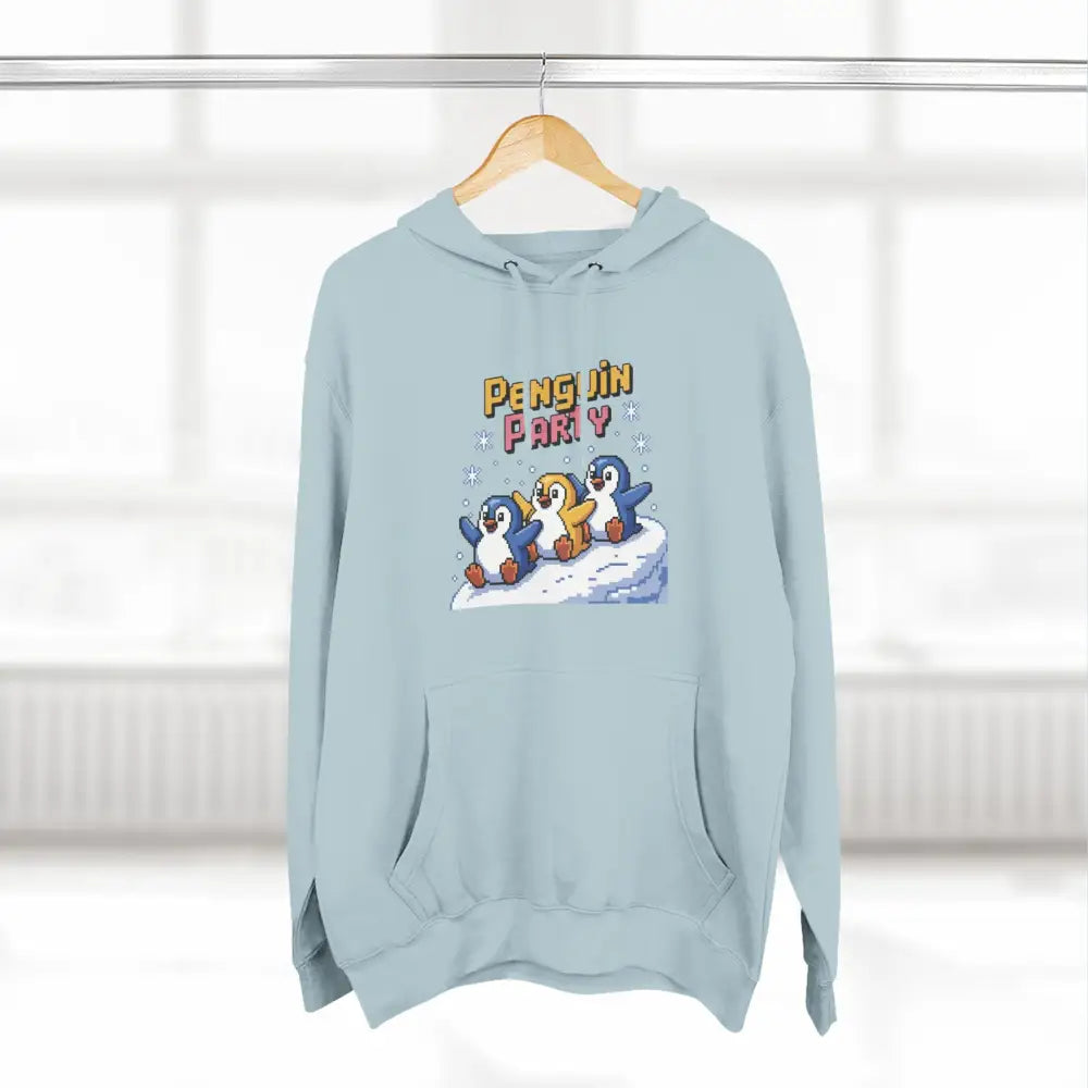 Light blue hoodie with Penguin Party graphic, cozy fleece, machine washable winter wear