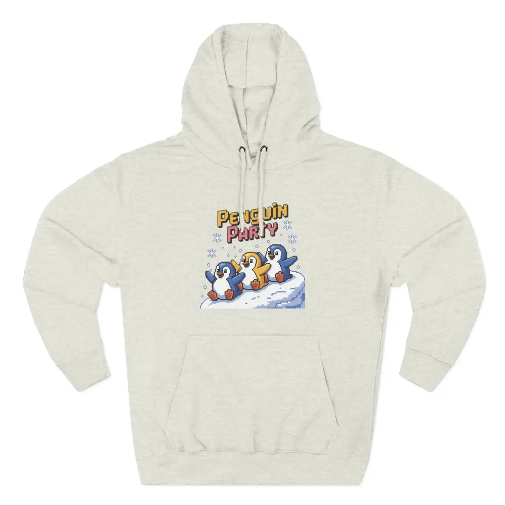 Cream-colored hooded sweatshirt with Penguin Party graphic in cozy fleece, machine wash friendly
