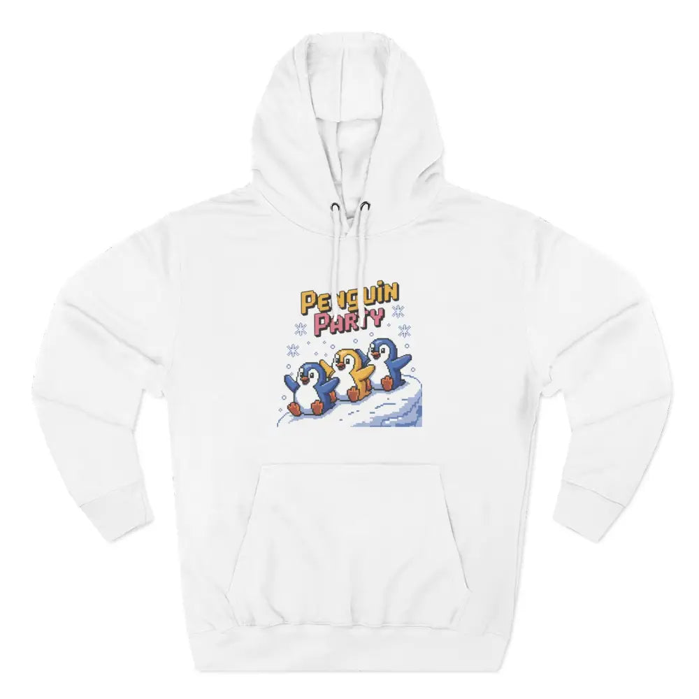 White hoodie with Penguin Party graphic made from cozy fleece, machine washable for winter fun