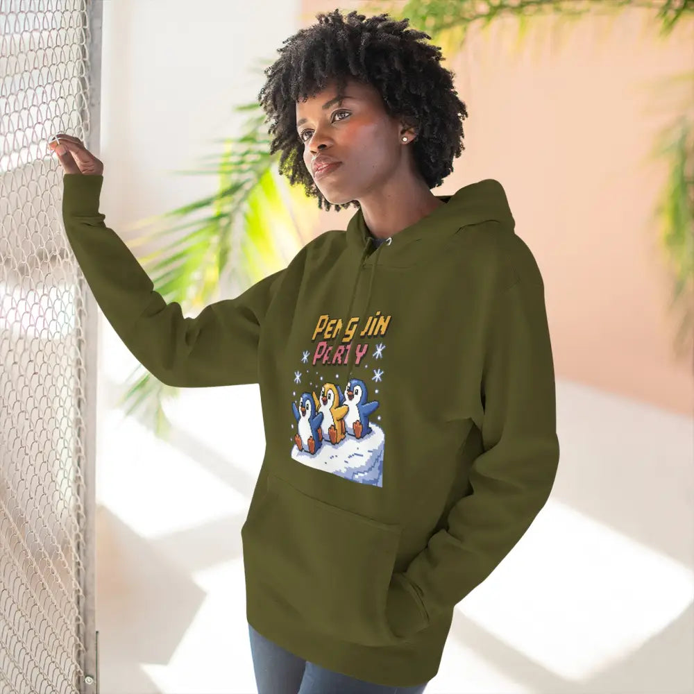 Dark olive green Winter Penguin Unisex Hoodie with graphic and cozy fleece for holiday fun
