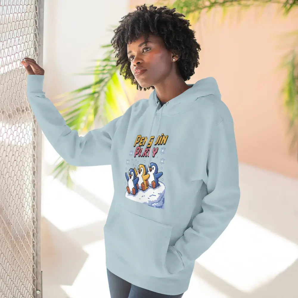 Light blue Winter Penguin hoodie with a penguin graphic in cozy fleece for holiday gifts