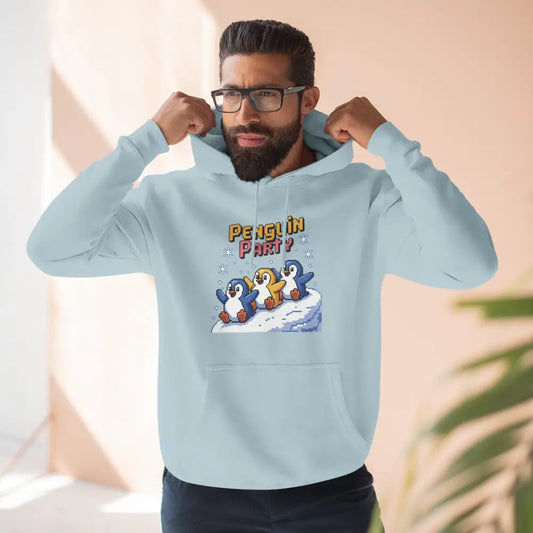 Light blue Winter Penguin Unisex Party Hoodie with cozy fleece, featuring penguins and a festive graphic