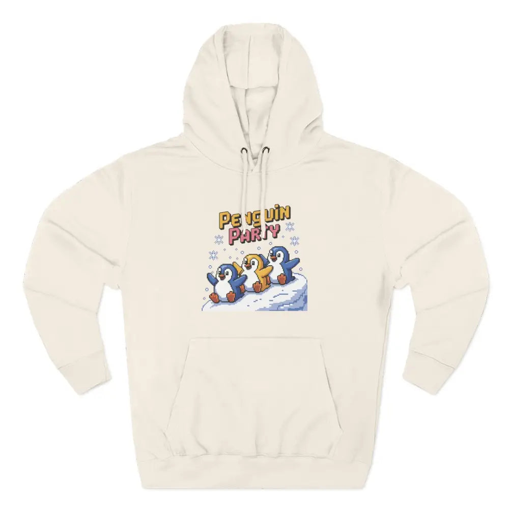 Cream-colored hoodie with Penguin Party graphic made of cozy fleece, machine washable, low heat care