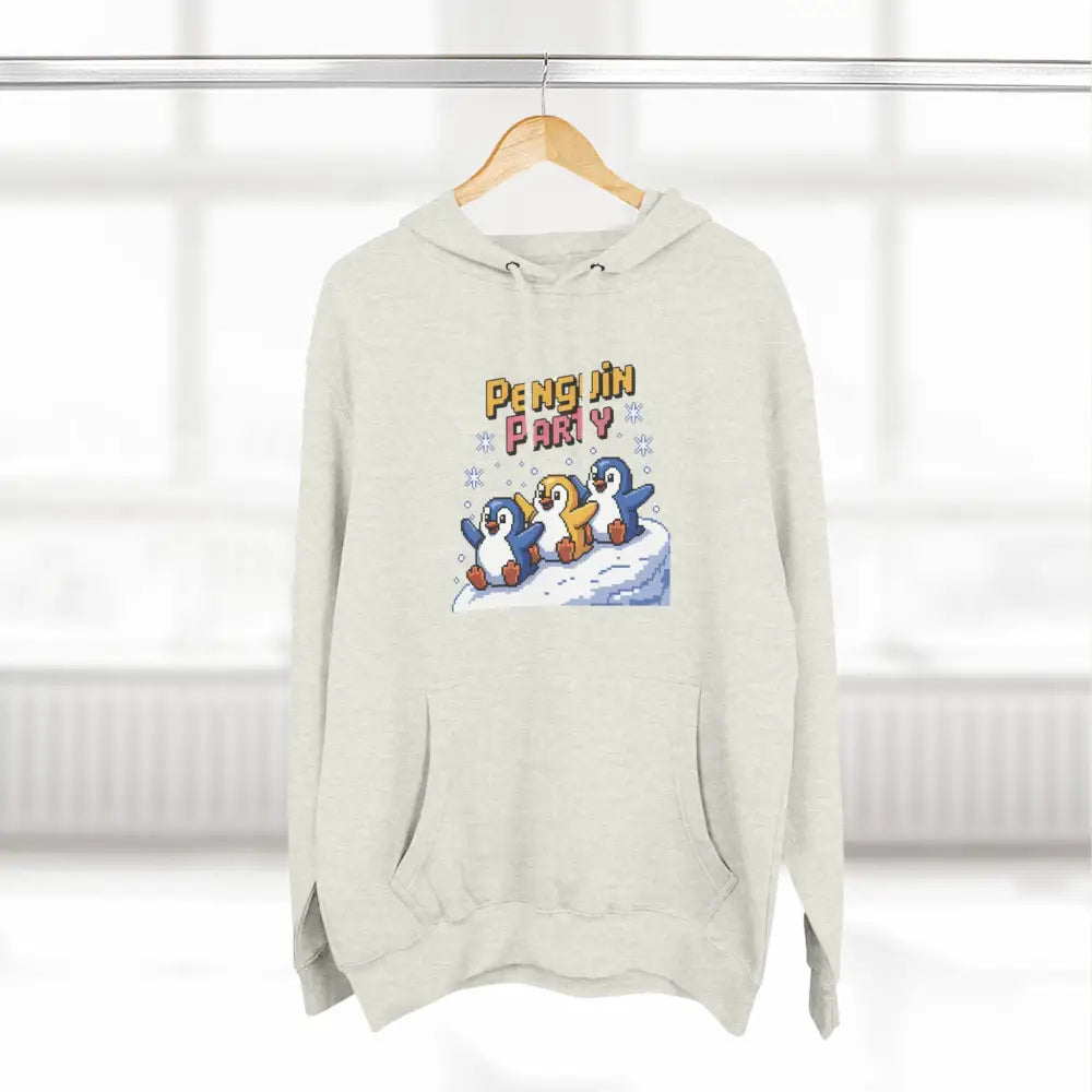 White hoodie with Penguin Party graphic made of cozy fleece, machine washable, low heat safe