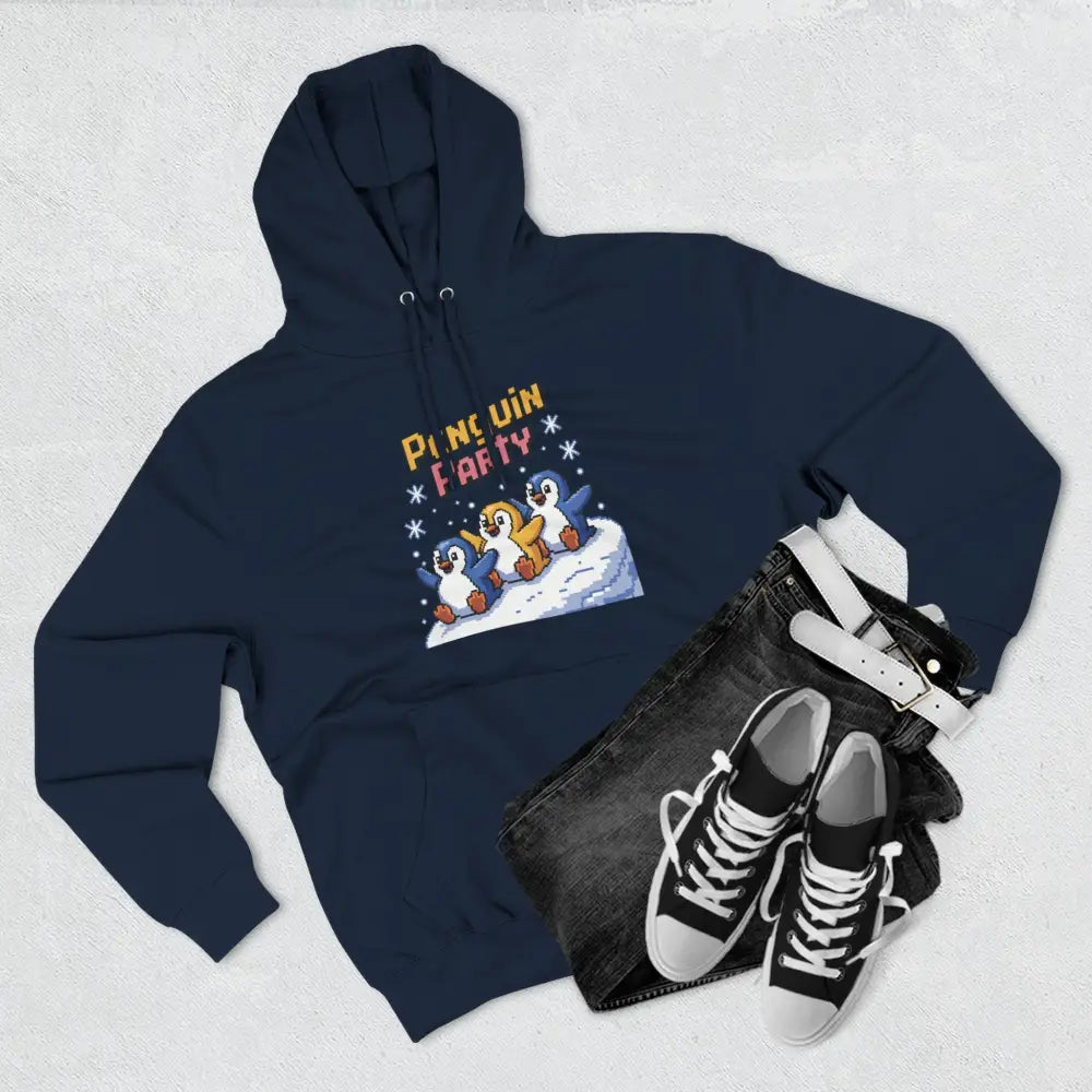 Navy blue hoodie with Penguin Party graphic made of cozy fleece, machine washable for winter fun