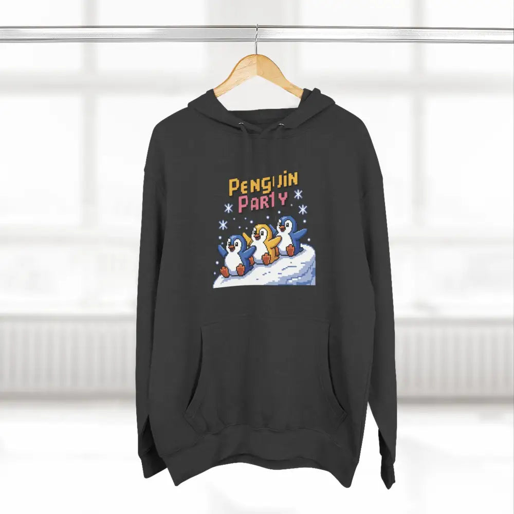 Black hooded sweatshirt with Penguin Party graphic made from cozy fleece, machine washable, low heat safe