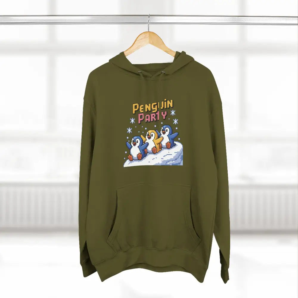 Olive green Winter Penguin Unisex Hoodie with Penguin Party graphic, cozy fleece, machine wash