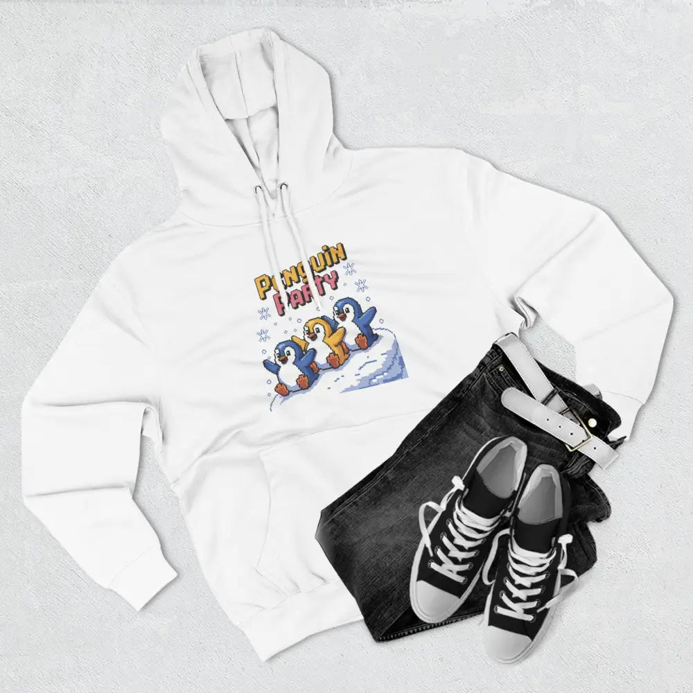 White hooded sweatshirt with Penguin Party graphic in cozy fleece, machine washable for winter fun