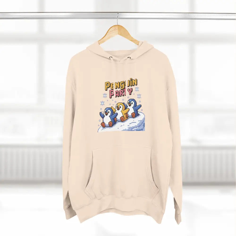 Light beige Winter Penguin Unisex Party Hoodie with cozy fleece and PENGUIN PARTY graphic