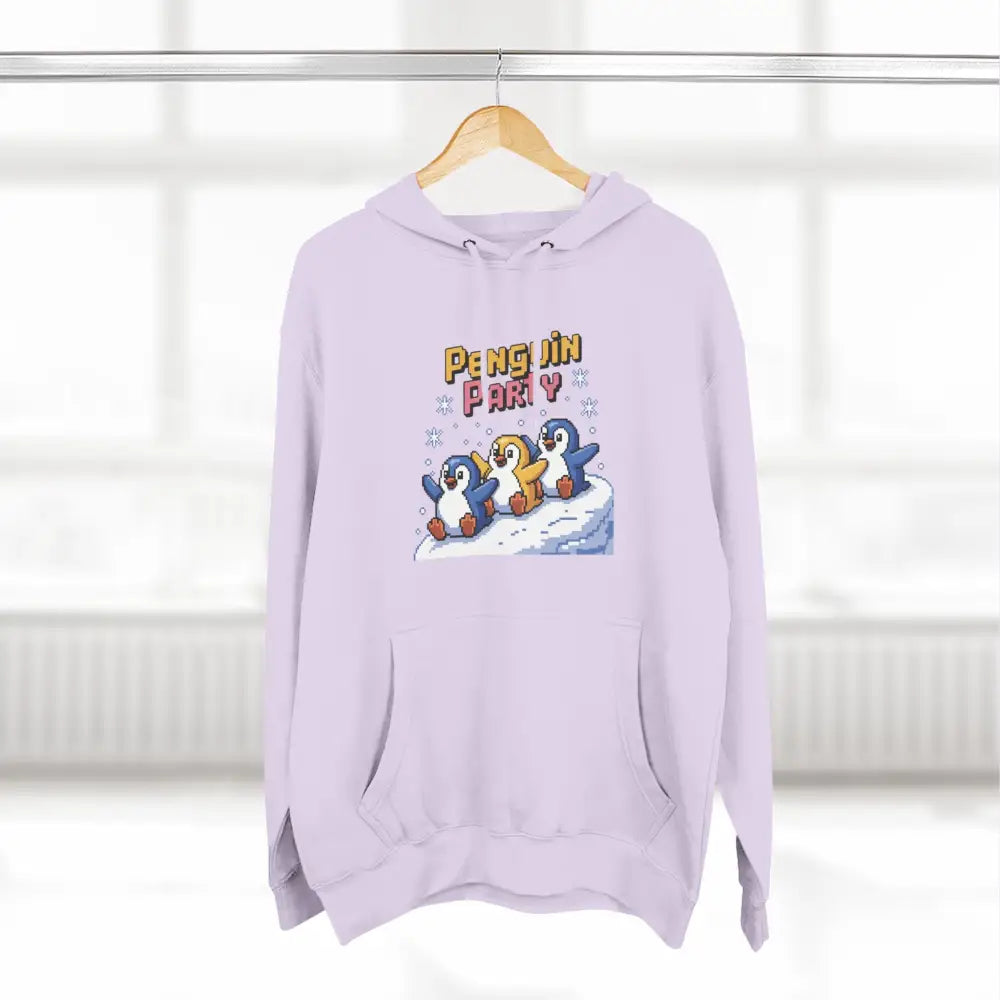 Light purple cozy fleece hoodie with Penguin Party graphic, machine washable, perfect for winter