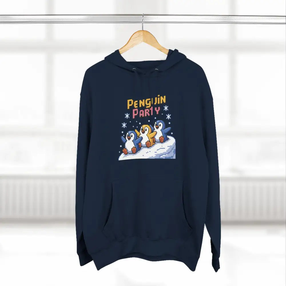 Dark blue hoodie with Penguin Party graphic made from cozy fleece, machine washable, low heat safe