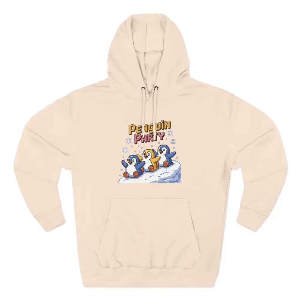 Cream-colored hooded sweatshirt with Penguin Party graphic, cozy fleece, machine wash safe