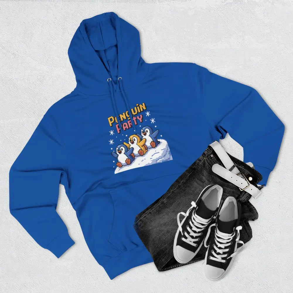 Blue hoodie with Penguin Party graphic, cozy fleece, low heat wash for winter fun