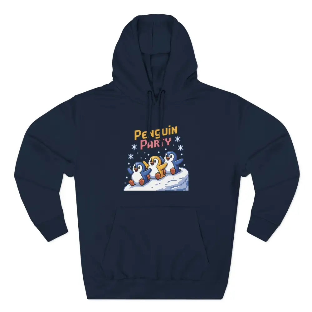Dark blue cozy fleece hoodie with cartoon penguins and Penguin Party text, machine wash friendly