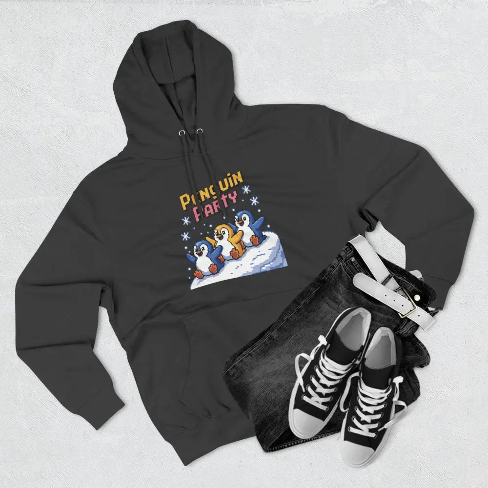 Dark gray hoodie with colorful penguin graphic, cozy fleece, low heat wash, unisex gift