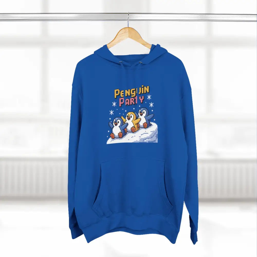 Blue hoodie with Penguin Party graphic on cozy fleece, machine washable winter gift