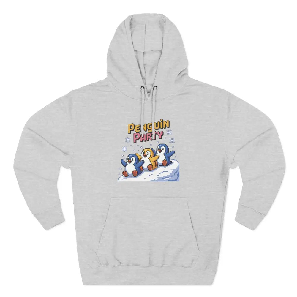 Light gray cozy fleece hoodie with Penguin Party graphic, machine washable, perfect for winter fun