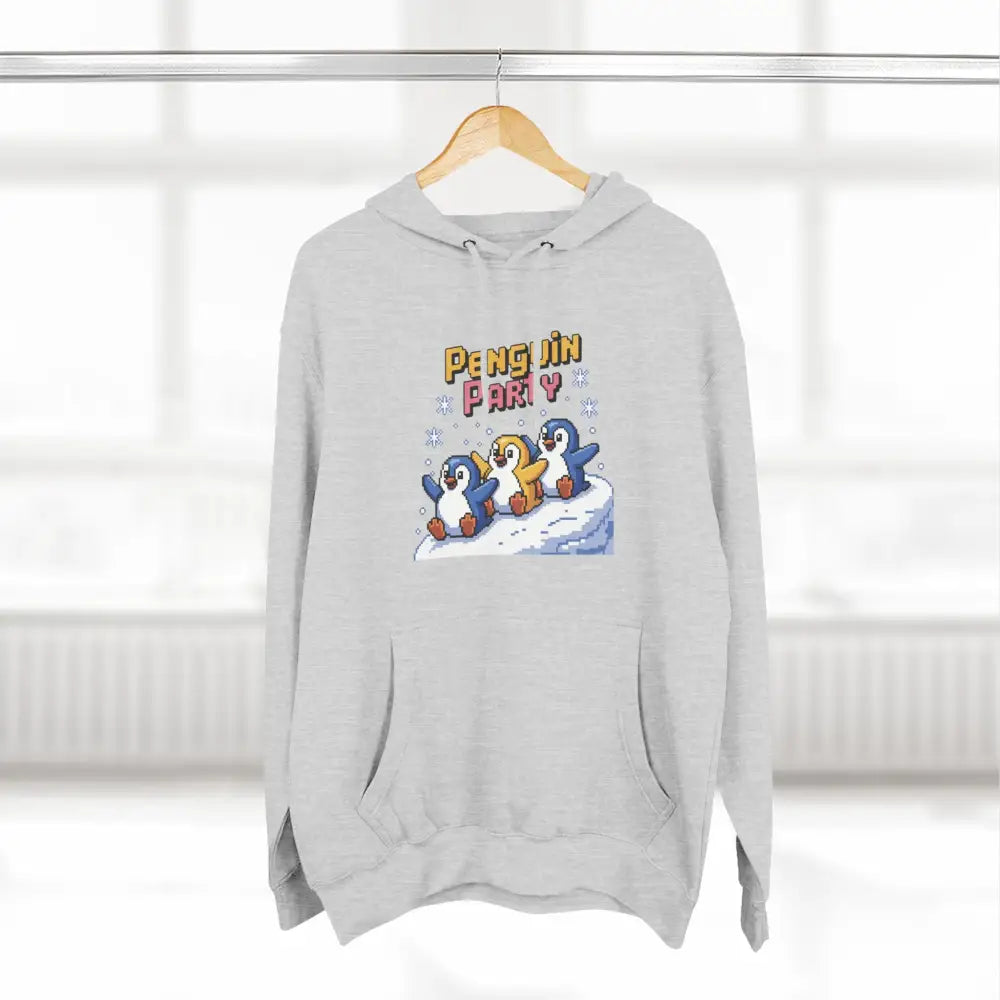 Light gray hoodie with Penguin Party graphic made from cozy fleece, machine washable, low heat safe