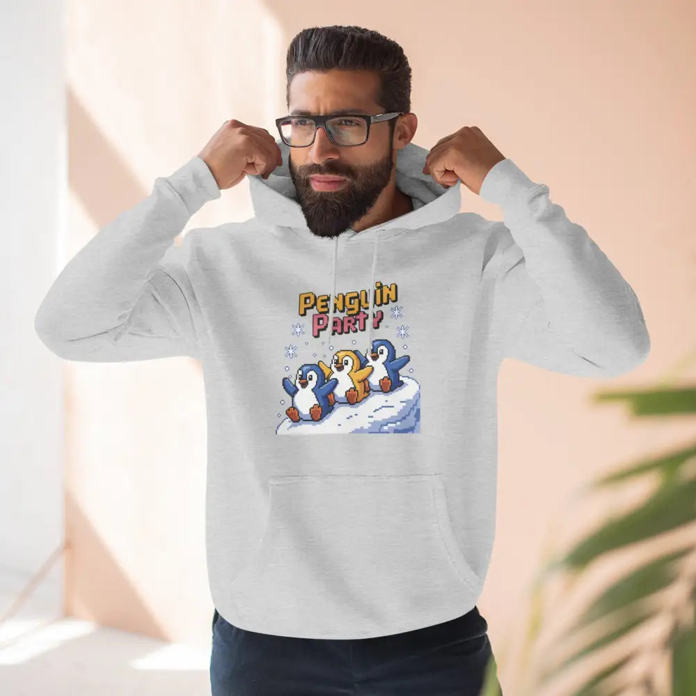 White hoodie with playful penguin design, cozy fleece, ideal for winter parties and machine wash