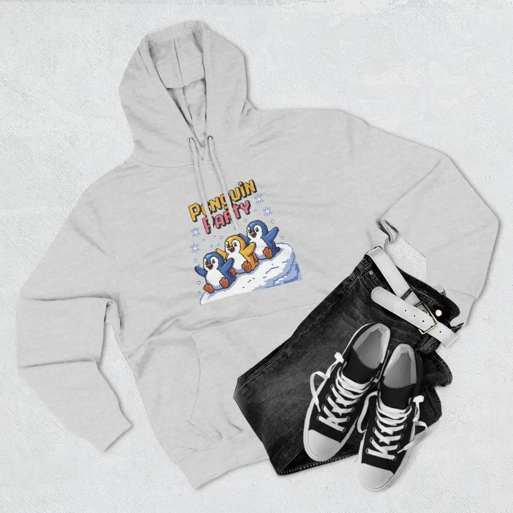 Light grey cozy fleece hoodie with Penguin Party graphic, machine wash friendly, perfect for winter