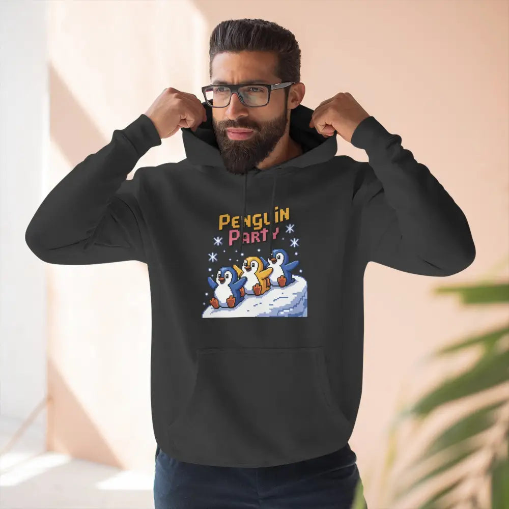 Black hoodie with Penguin Party graphic in cozy fleece, machine washable for winter fun