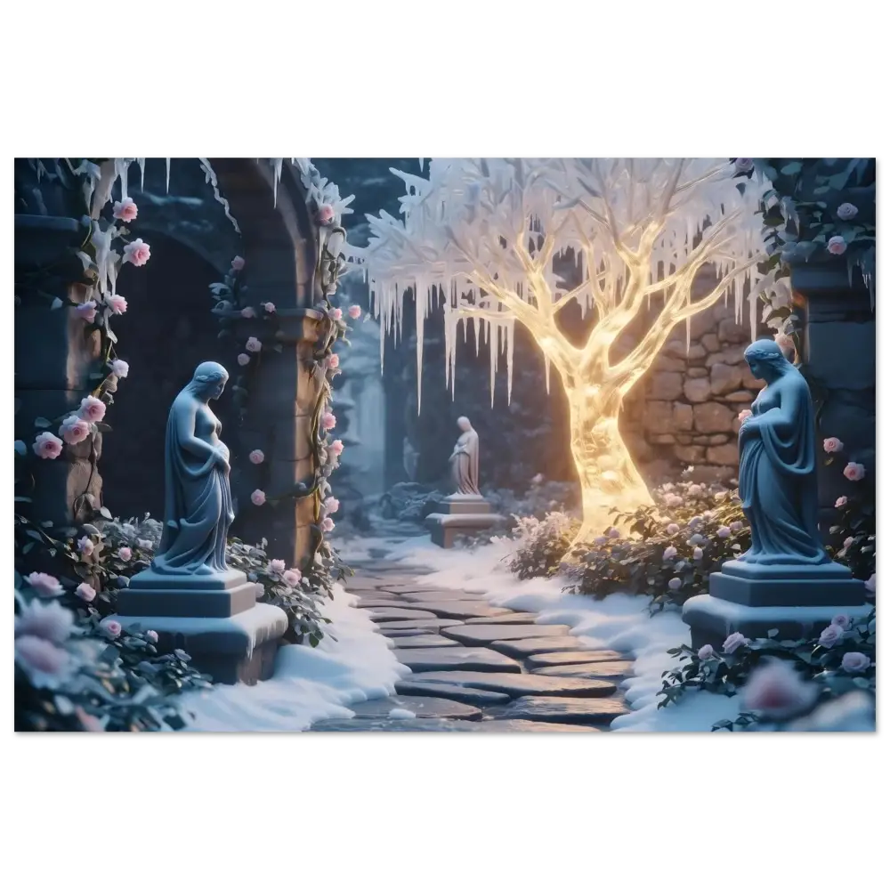 Winter garden with statues in framed ice garden print from PixiOnyx Frosted Stillness Series