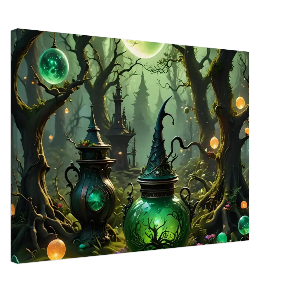 Whimsical green potion vessels featured in Witchcraft Forest Canvas Wall Art for fantasy rooms