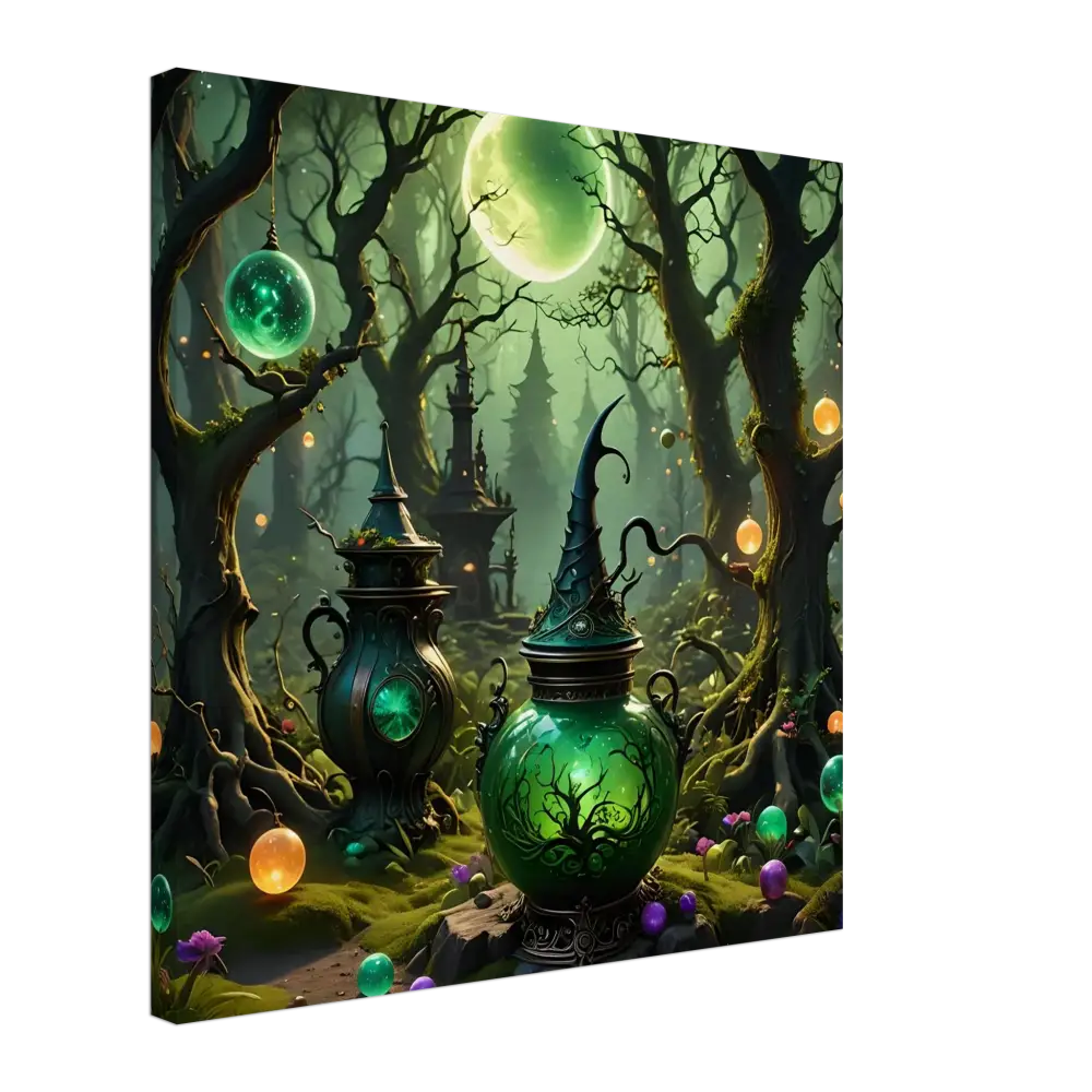 Whimsical green potion bottle with witch’s hat lid on Witchcraft Forest Canvas Wall Art