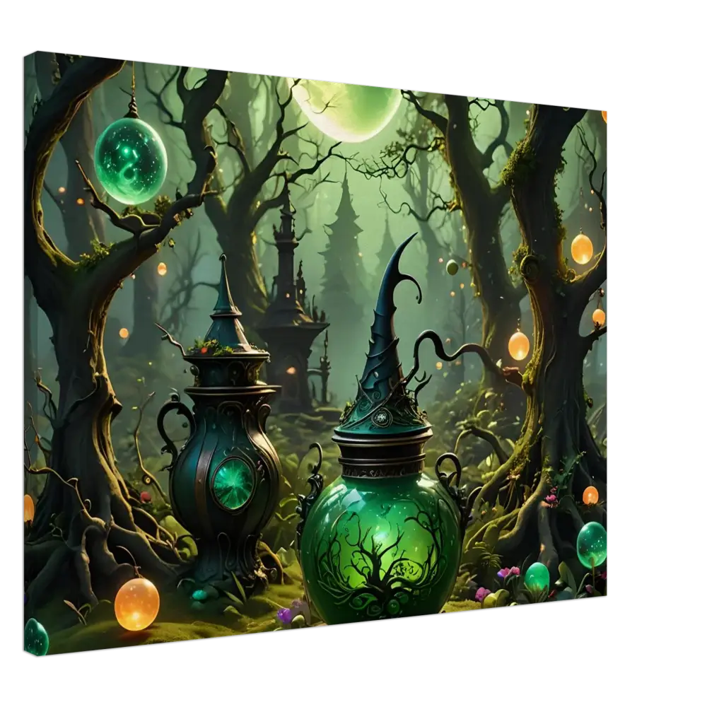 Whimsical green potion bottles displayed in Witchcraft Forest Canvas Wall Art for fantasy rooms