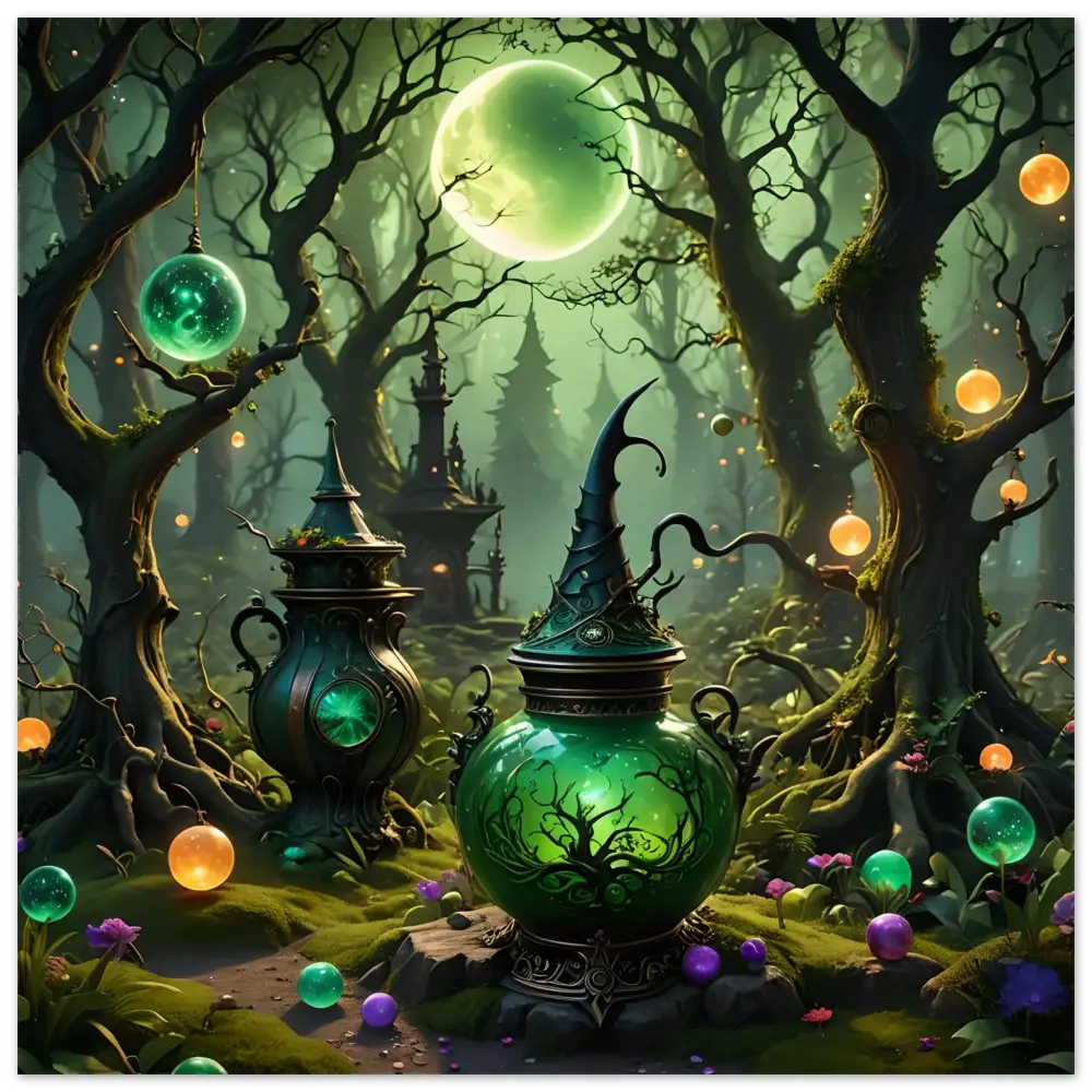 Glowing green potion vessel with pointed lid from Luminescent Fantasy Art Wall Print