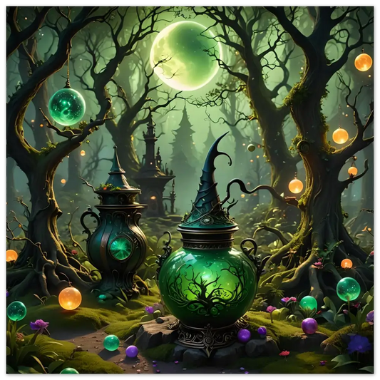 Glowing green potion vessel with pointed lid from Luminescent Fantasy Art Wall Print
