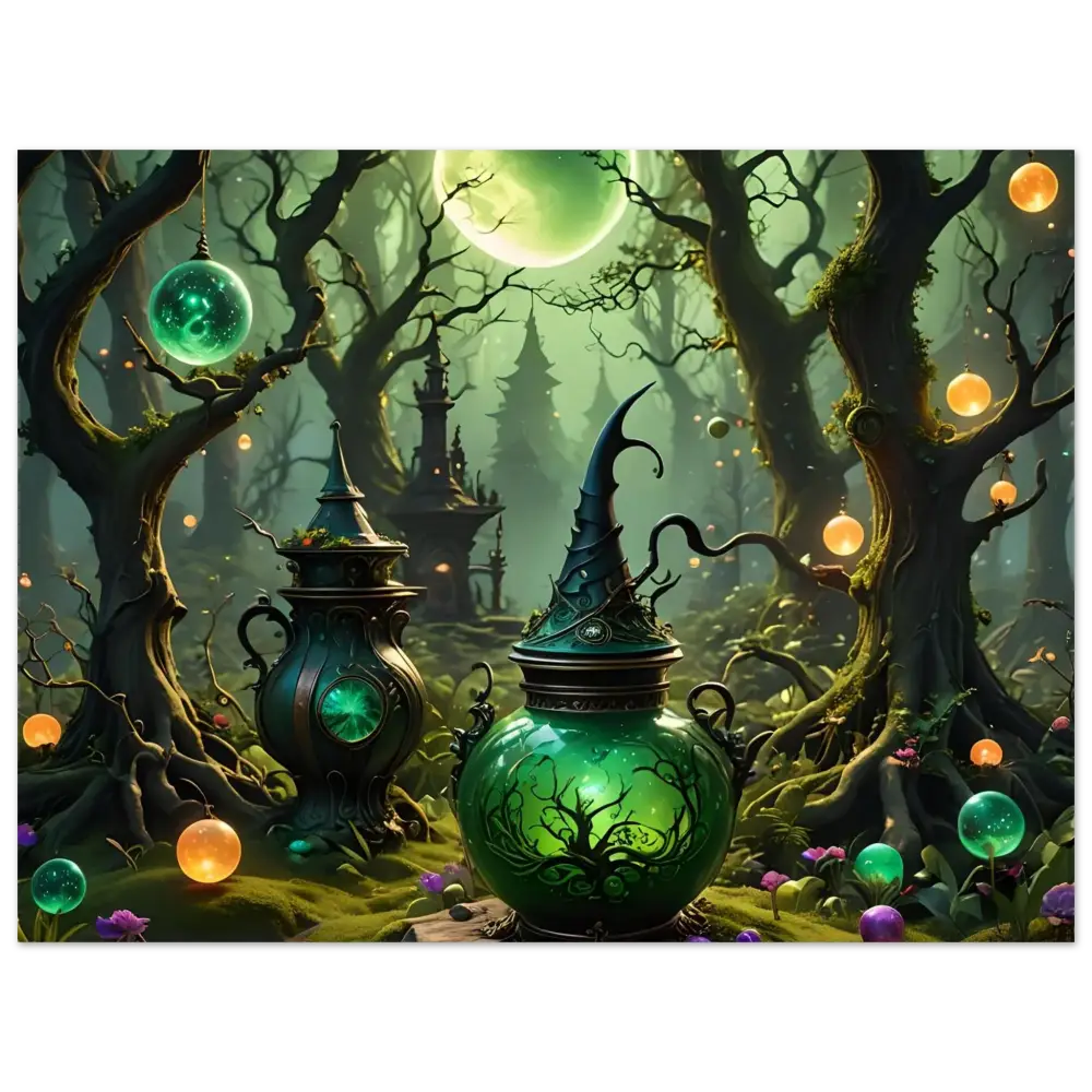 Green witch’s cauldron with pointed hat lid displayed in Luminescent Fantasy Art wall print