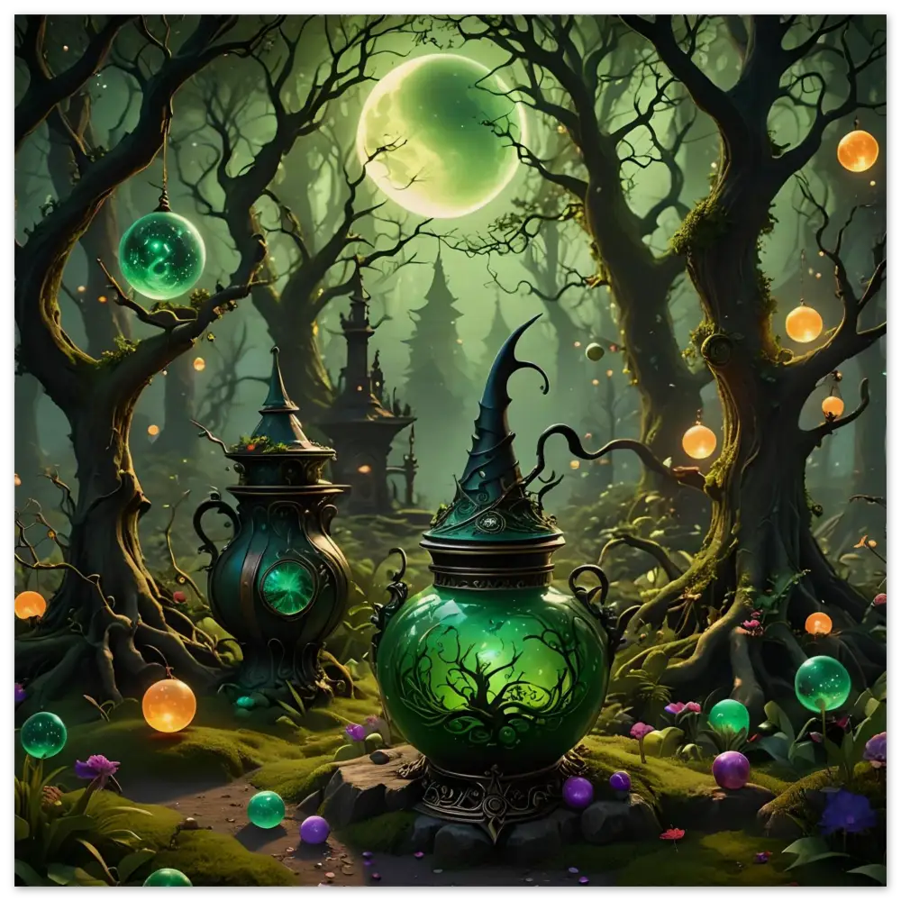 Glowing green witch’s cauldron rustic magical wall art for Witchcraft Forest Wood Print