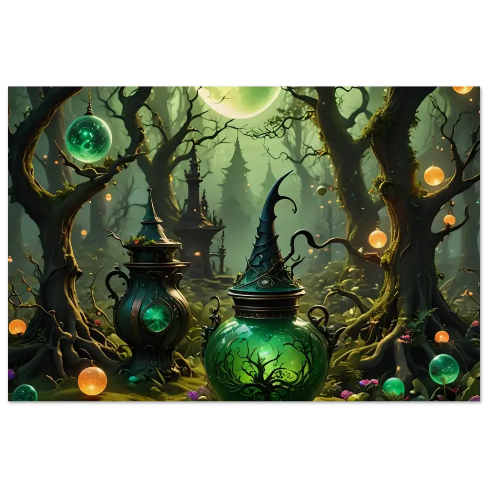 Green witch’s brew pot with pointed hat lid on rustic Witchcraft Forest Wood Print wall art